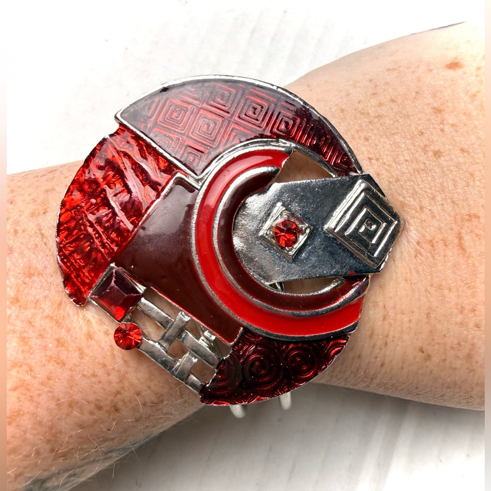 Vintage Art Deco Geometric Enamel‎ Hinged Cuff Bracelet Silver Tone Red Chunky